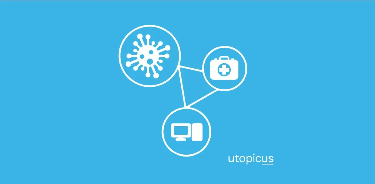 Un virus, un botiquín médico y una computadora están conectados por líneas, sobre un fondo azul.