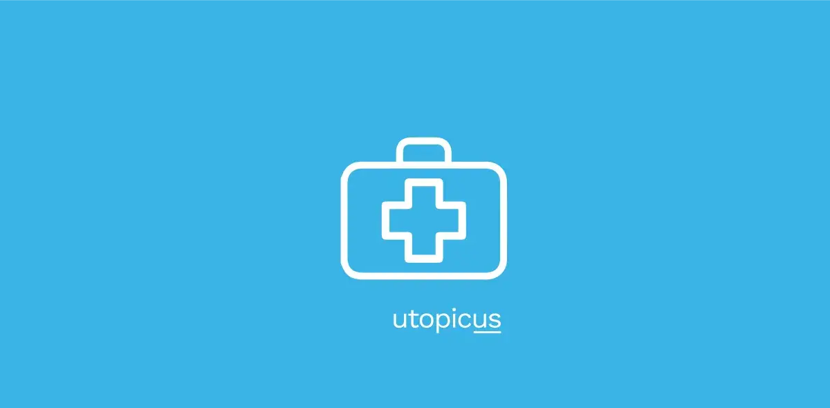 Un maletín médico blanco con una cruz en el centro está sobre un fondo azul. Debajo está el texto "utopicus".