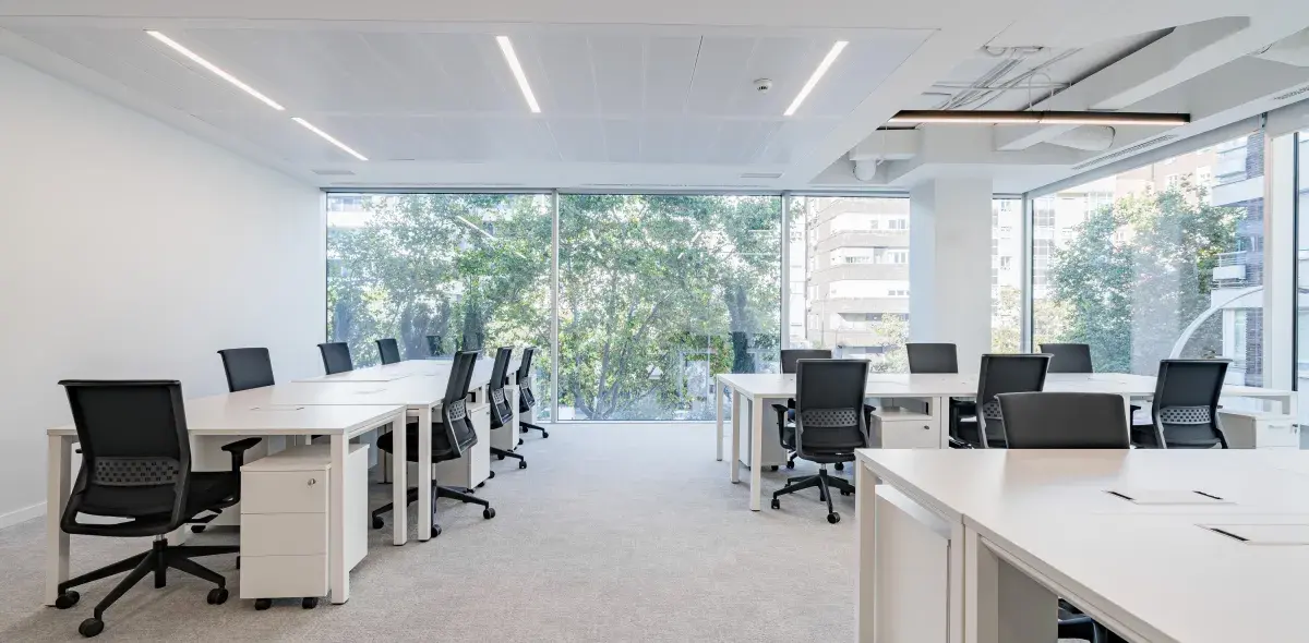 Oficinas vacías con escritorios blancos y sillas negras, frente a ventanales que muestran edificios y árboles afuera.