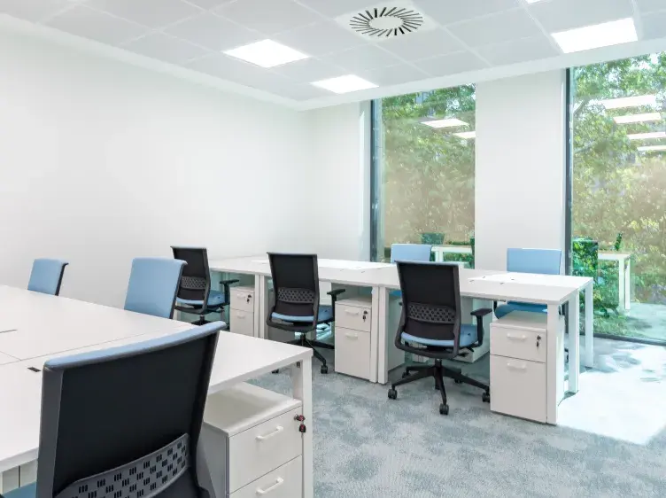 Sillas y escritorios vacíos se alinean en una oficina moderna y luminosa con amplias ventanas que muestran vegetación exterior. No hay texto visible.