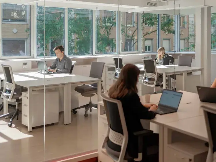 Personas trabajando en computadoras portátiles dentro de una oficina moderna y luminosa, rodeada de ventanas grandes que dejan ver edificios exteriores.