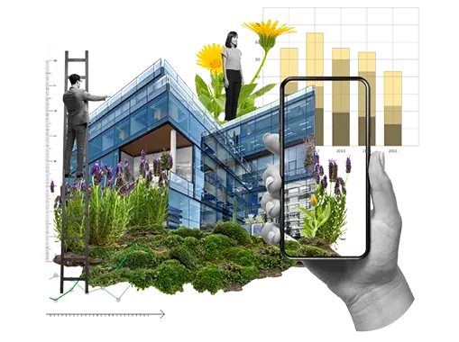 Un edificio moderno rodeado de vegetación, un hombre en escalera y otro sobre el techo. Un teléfono muestra la misma escena. Gráficos de barras amarillas flotan al fondo.
