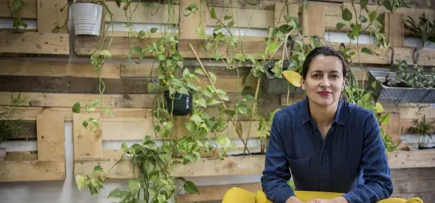 Una persona sentada en un espacio interior, rodeada de un fondo de palets de madera con varias plantas colgantes. Lleva una camisa azul oscuro.