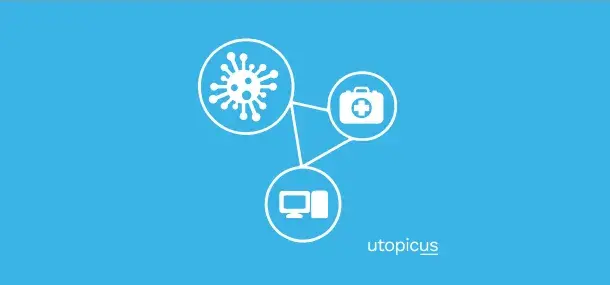 Un virus, un botiquín médico y una computadora están conectados por líneas, sobre un fondo azul.